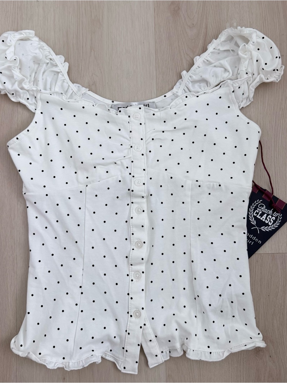 White Polka Dot Button-Front Puff Sleeve Top